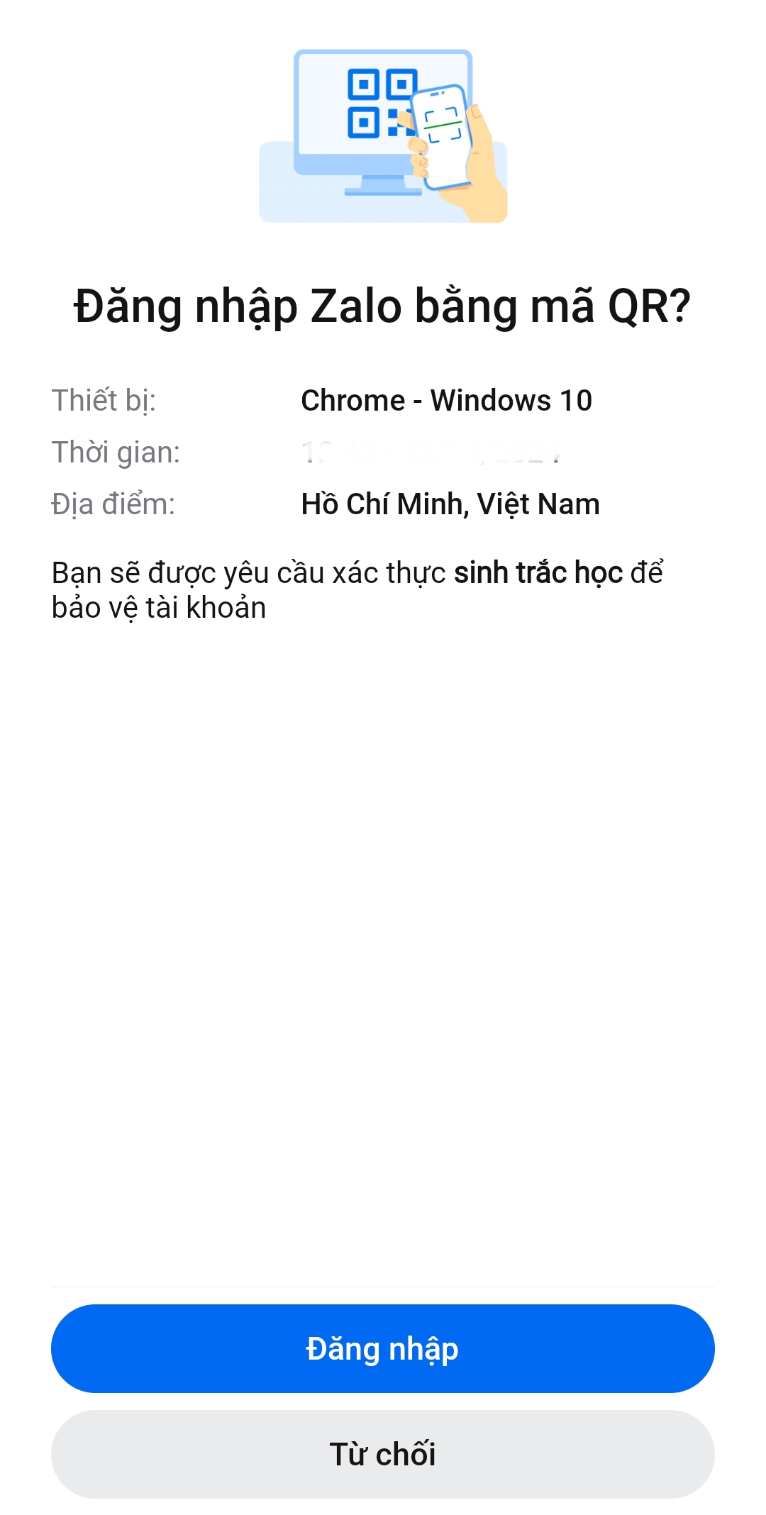 Xác nhận đăng nhập vào Zalo trên điiện thoại sau khi quét mã trên trình duyệt