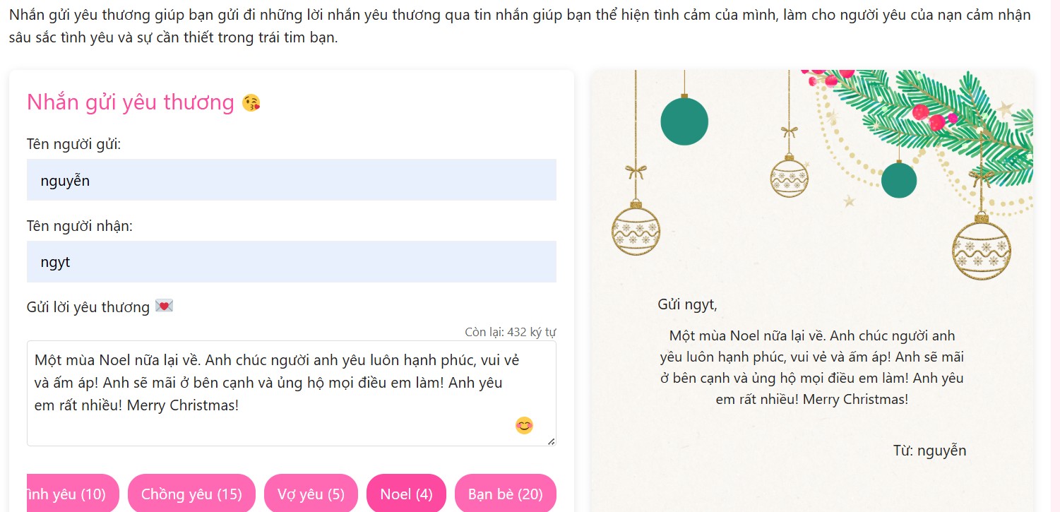 Vào trang Nhắn gửi yêu thương .me để gửi chúc mừng giáng sinh đến với người thân của bạn